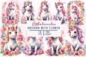 Beautiful Unicorn With Flower Clipart Bundle